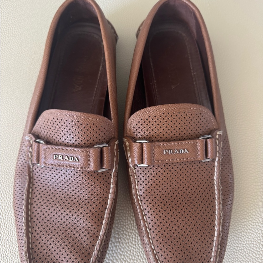 Prada Brown Leather Loafers with Perforated Design